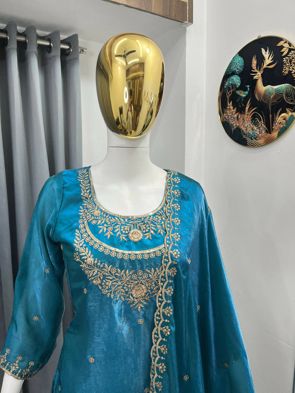 Teeya Creation Teal Color Fendy Satin Silk Heavy Embroidery Work Sharara Suit