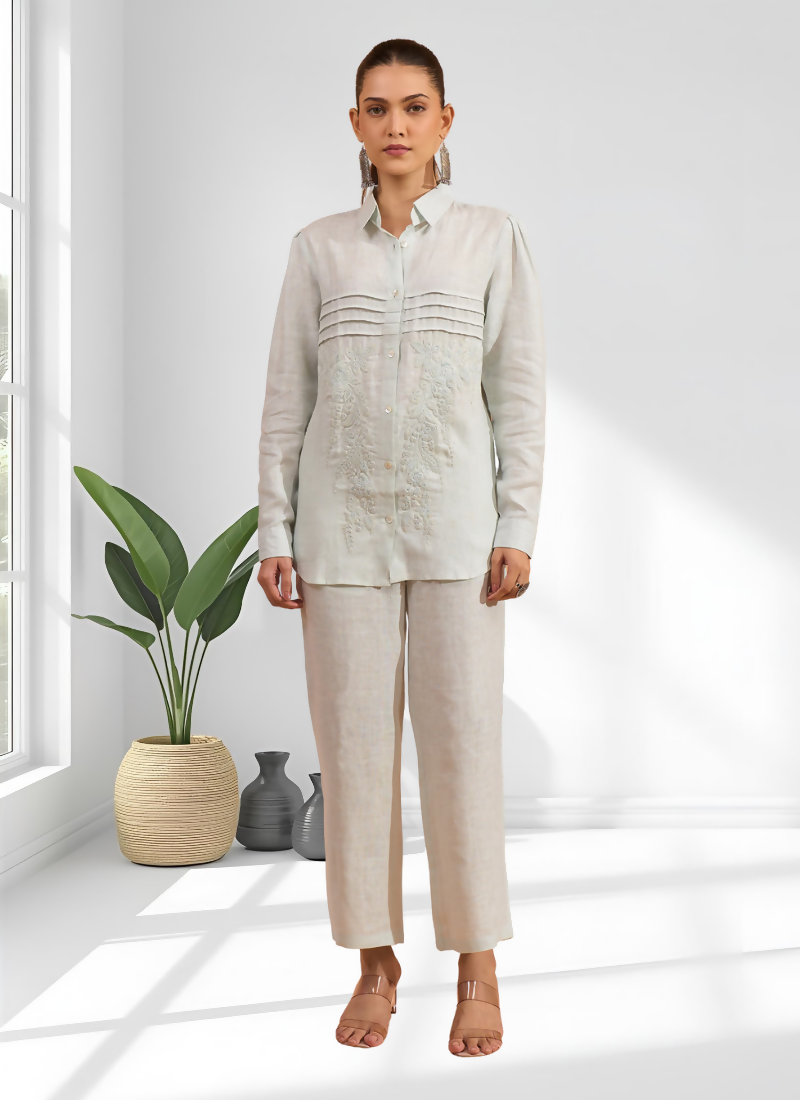 Joban Fashion Powder Blue Linen Embroidered Readymade Cord Set