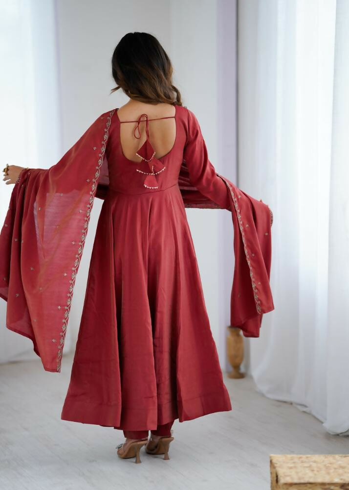 Lehenga Mart Designer Anarkali Suit With Kurta, Pant, Dupatta For Women-Maroon