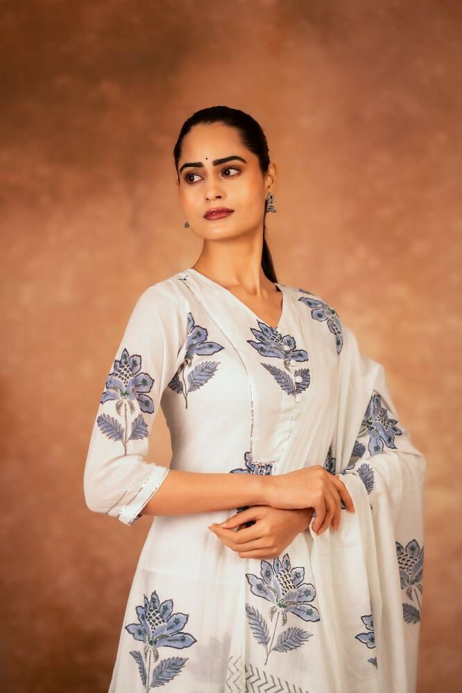 Joban Fashion Off White Blue Hand Block Printed Cotton Suit Set