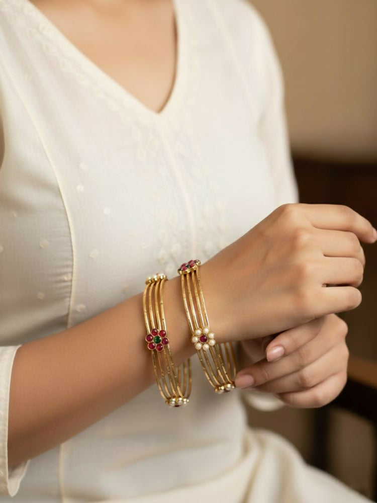 NVR Women Set of 2 Gold Plated Artificial Stone Bangle