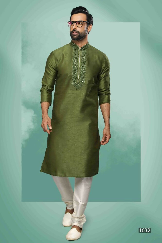 Raivat Ethnic Art Silk Mirror Embroidery Work Kurta Pajama In Green Colour