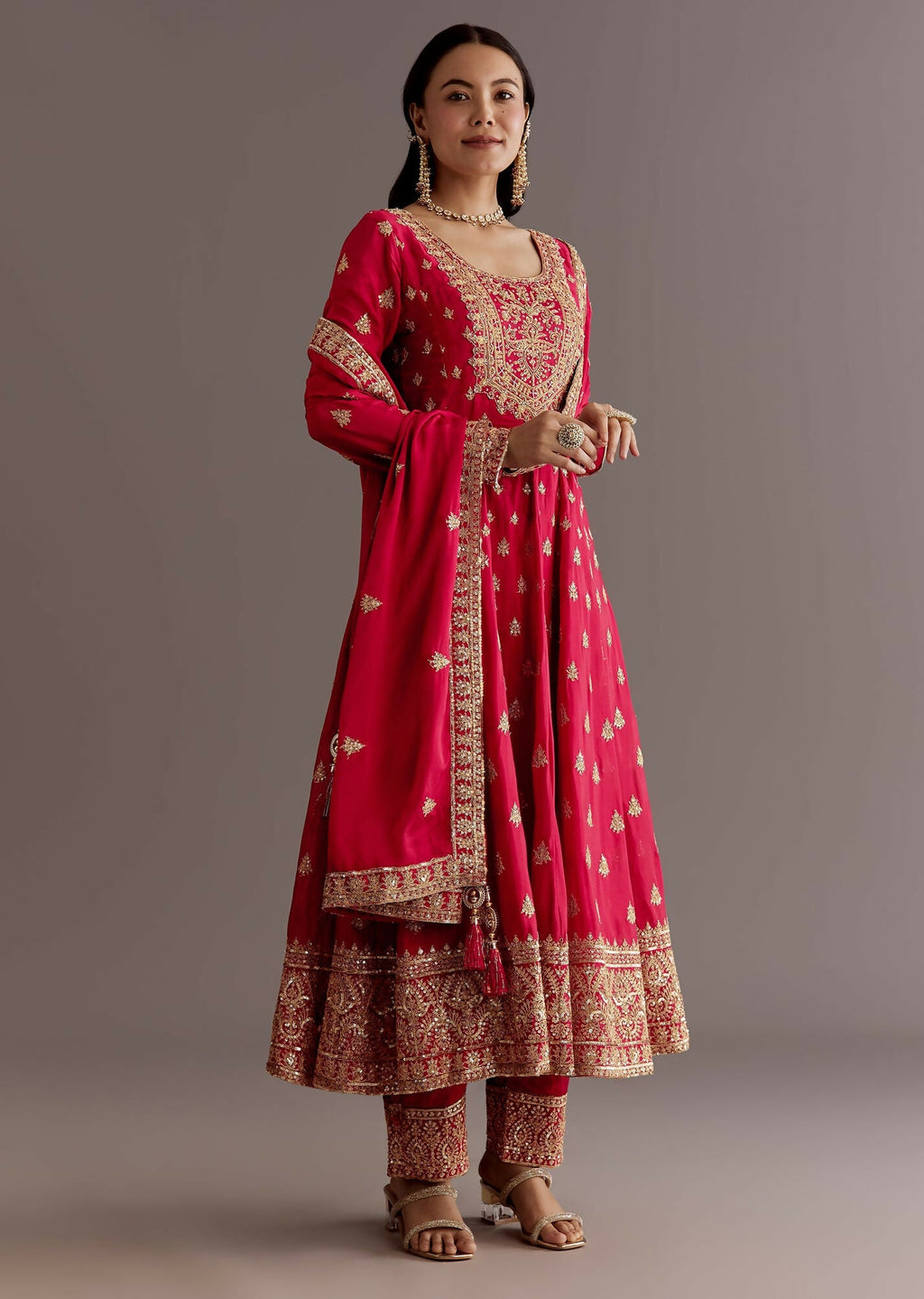 Teeya Creation Red Color Chinnon Silk Embroidery Work Gown