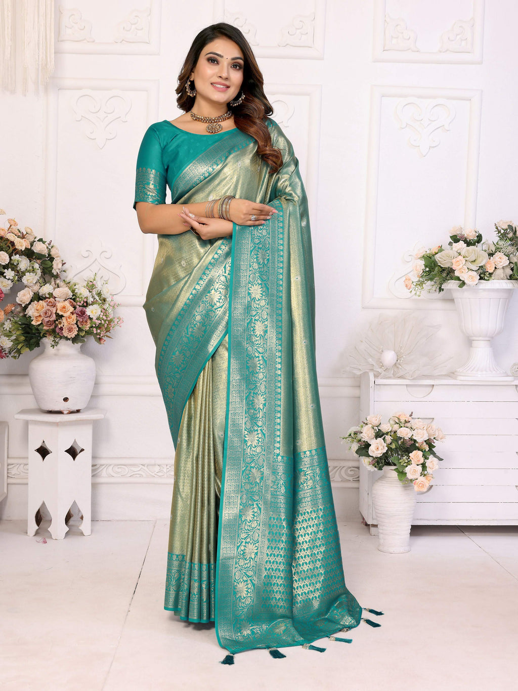 Aastha Fashion Sea Green Tissue Silk Weaving Saree