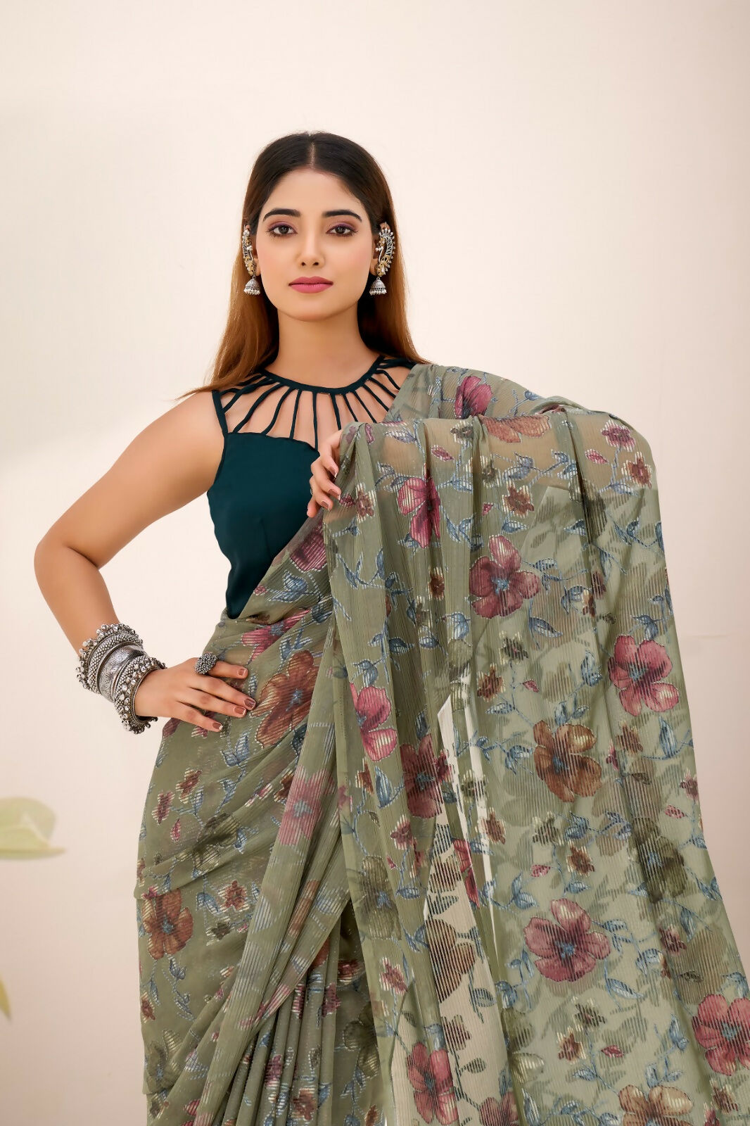 Vastranavya Mehendi Lurex Brasso Floral Printed Saree with Unstitched Blouse