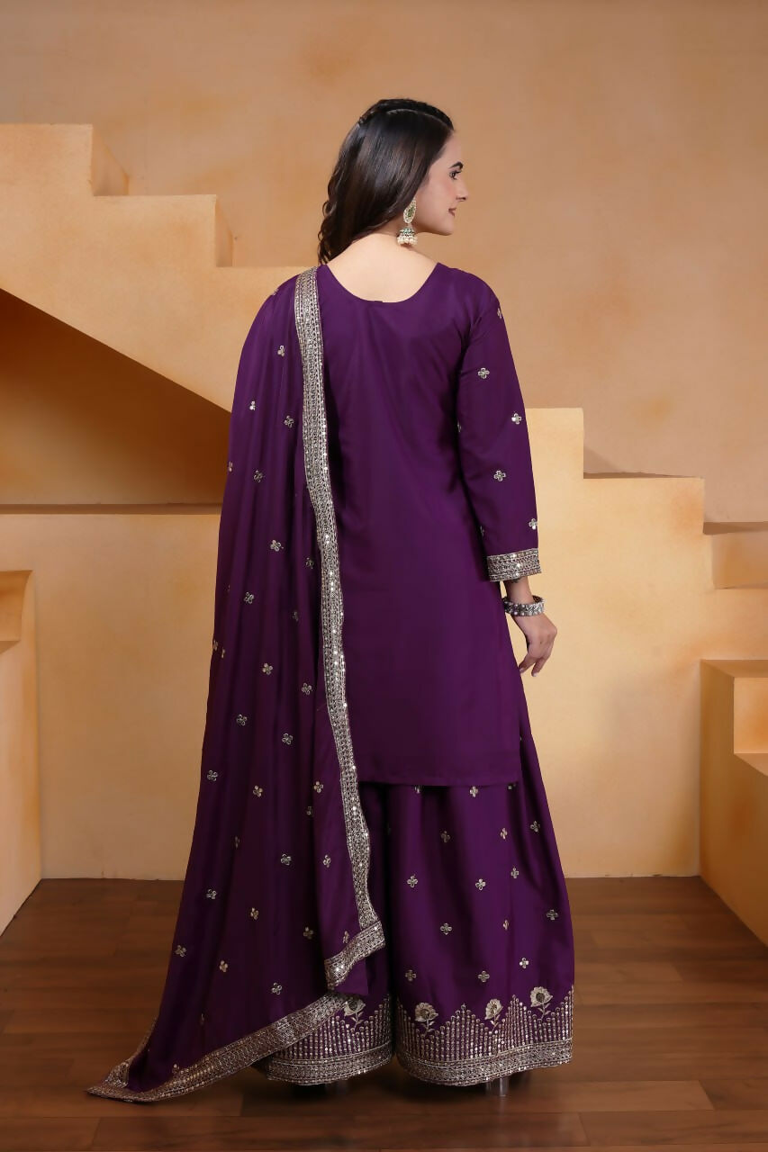 Teeya Creation Wine Color Natural Crepe Silk Wedding Wear Trending Palazzo Set