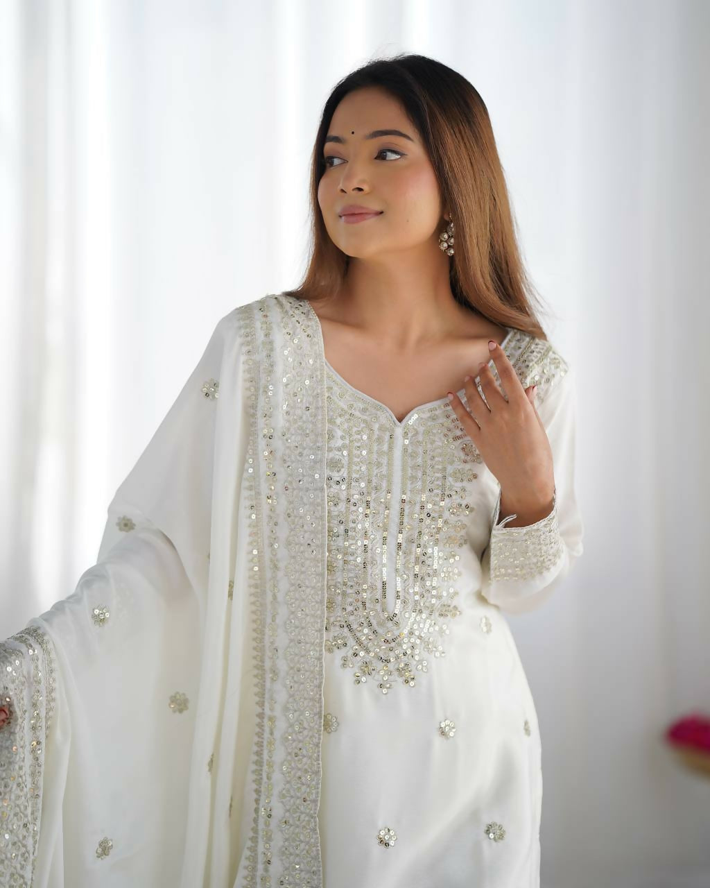 Joban Fashion White Kurta Set Silk Sequins , Zari, Coding & Thread Embroidered work