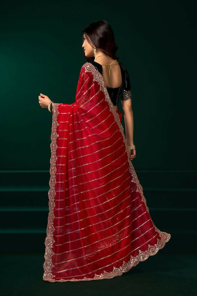 Joban Fashion Red Net Party Wear Sarees