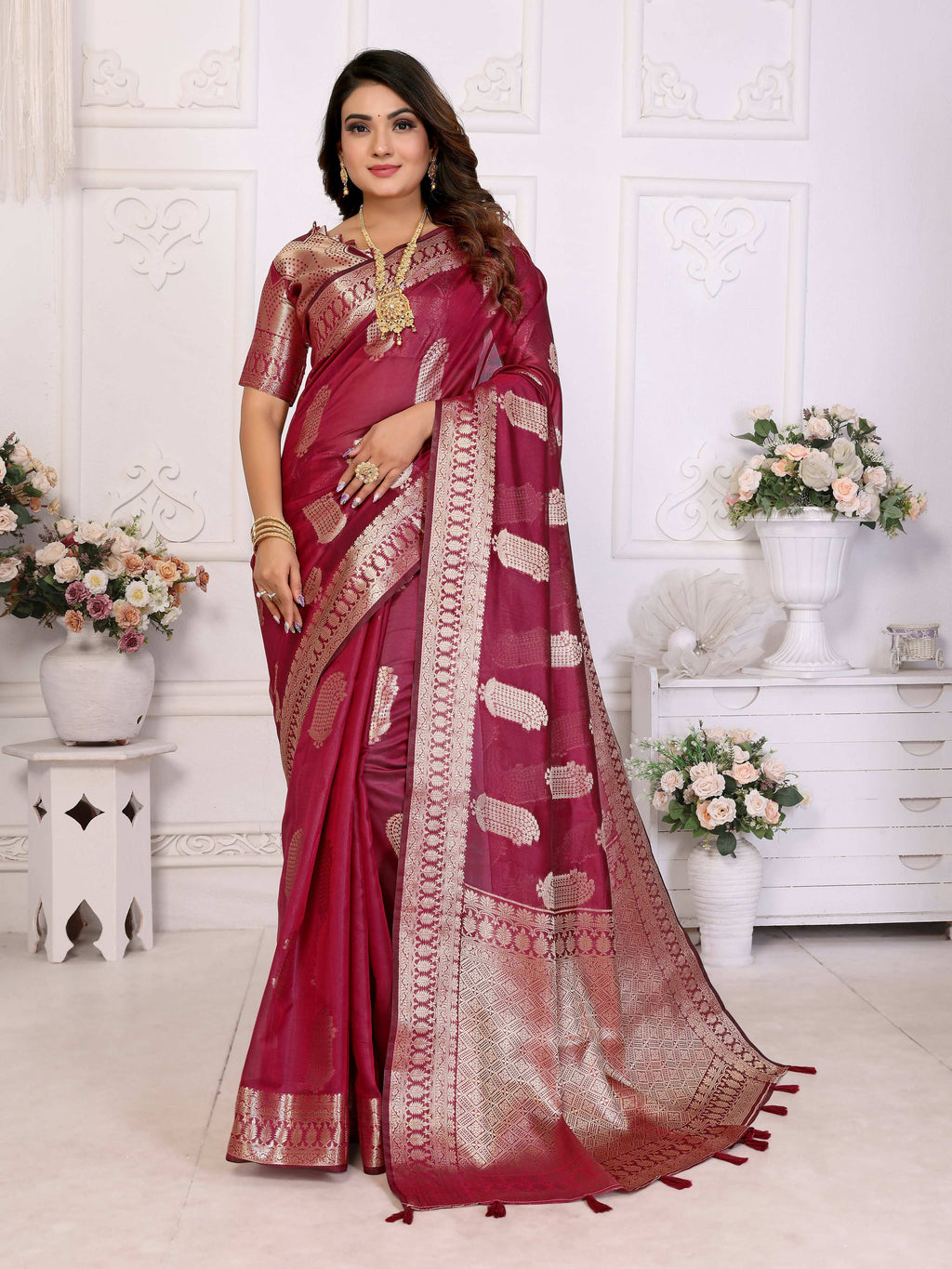 Aastha Fashion Wine Soft Organza Silk Weaving Saree