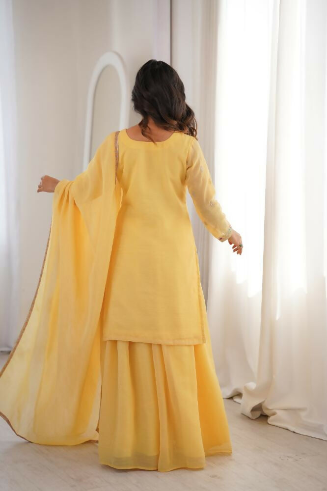 Lehenga Mart Designer Sharara Suit With Kurta, Sharara, Dupatta For Women-Yellow