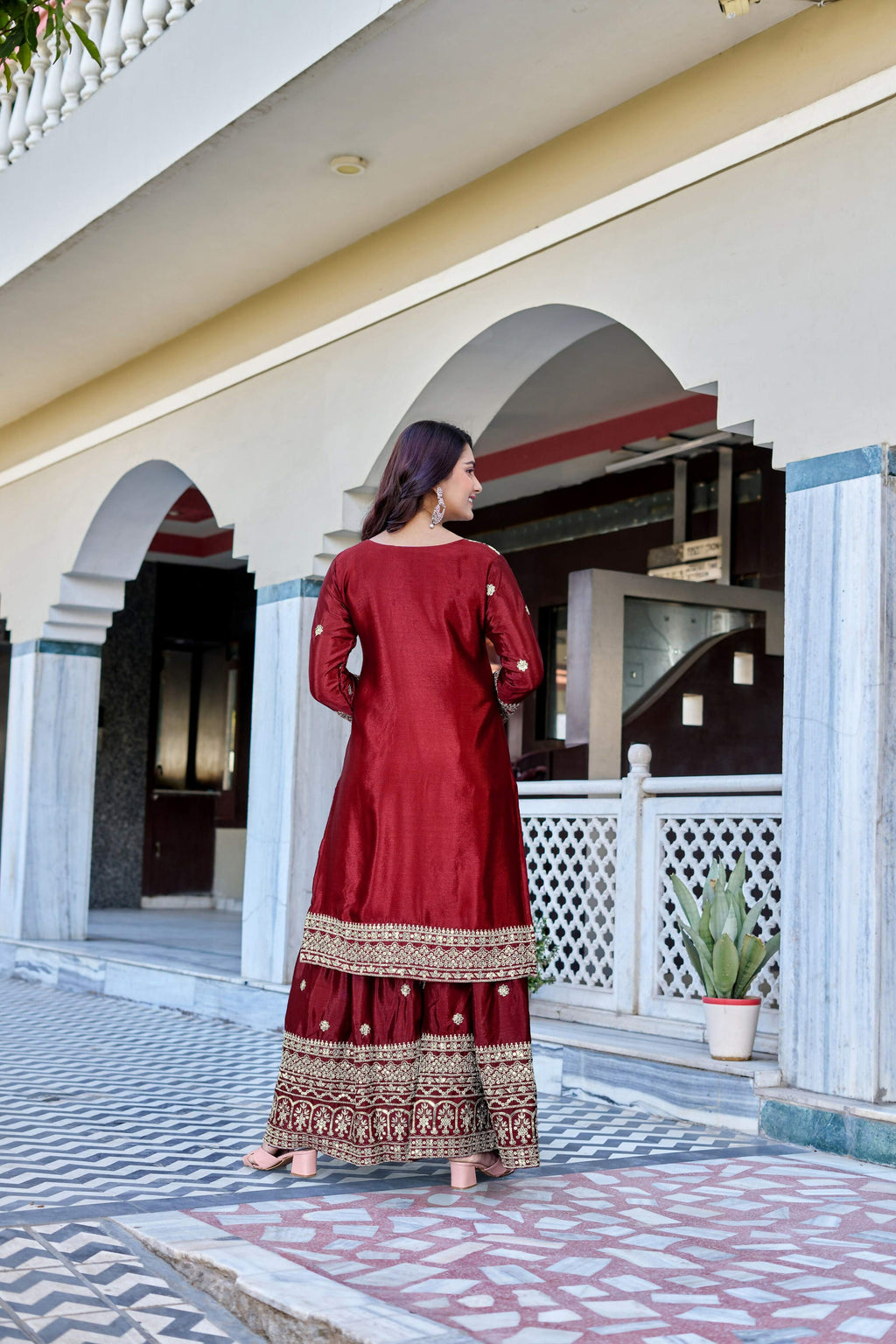 Teeya Creation Maroon Color Chinon Silk Heavy Embroidery Work Wedding Wear Sharara