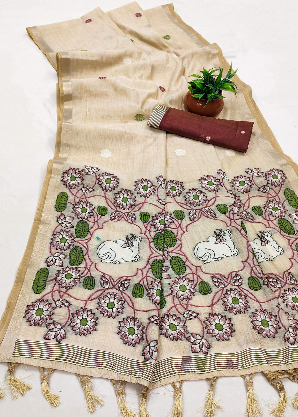 Vastranavya Cream Muga Cotton Meenakari & Azarakh Pallu Saree with Contrast Blouse