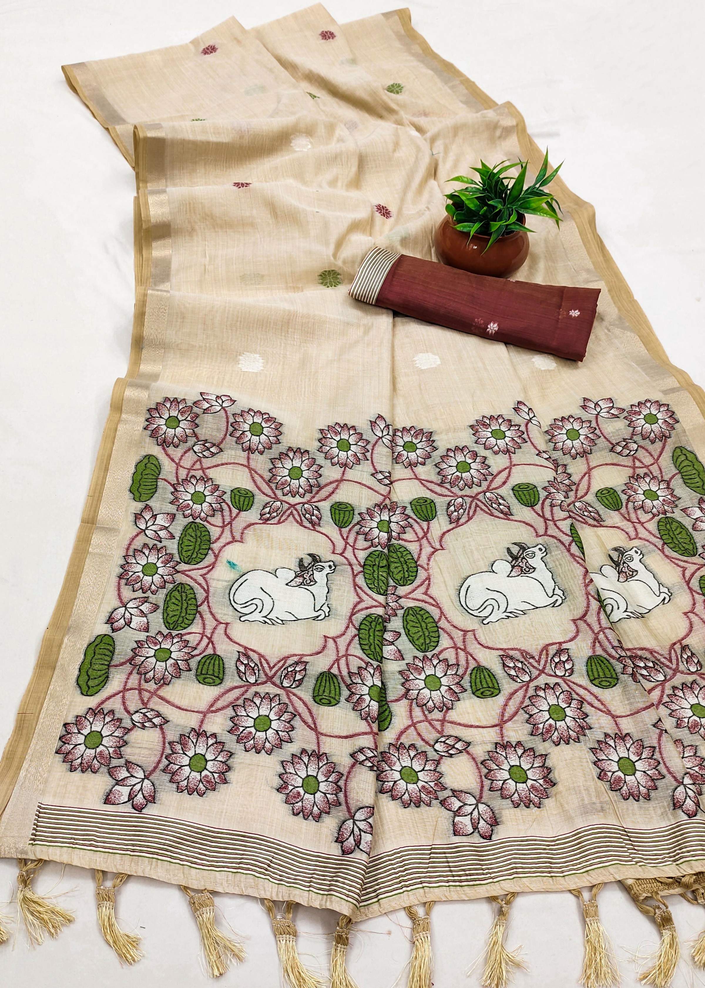 Vastranavya Cream Muga Cotton Meenakari & Azarakh Pallu Saree with Contrast Blouse