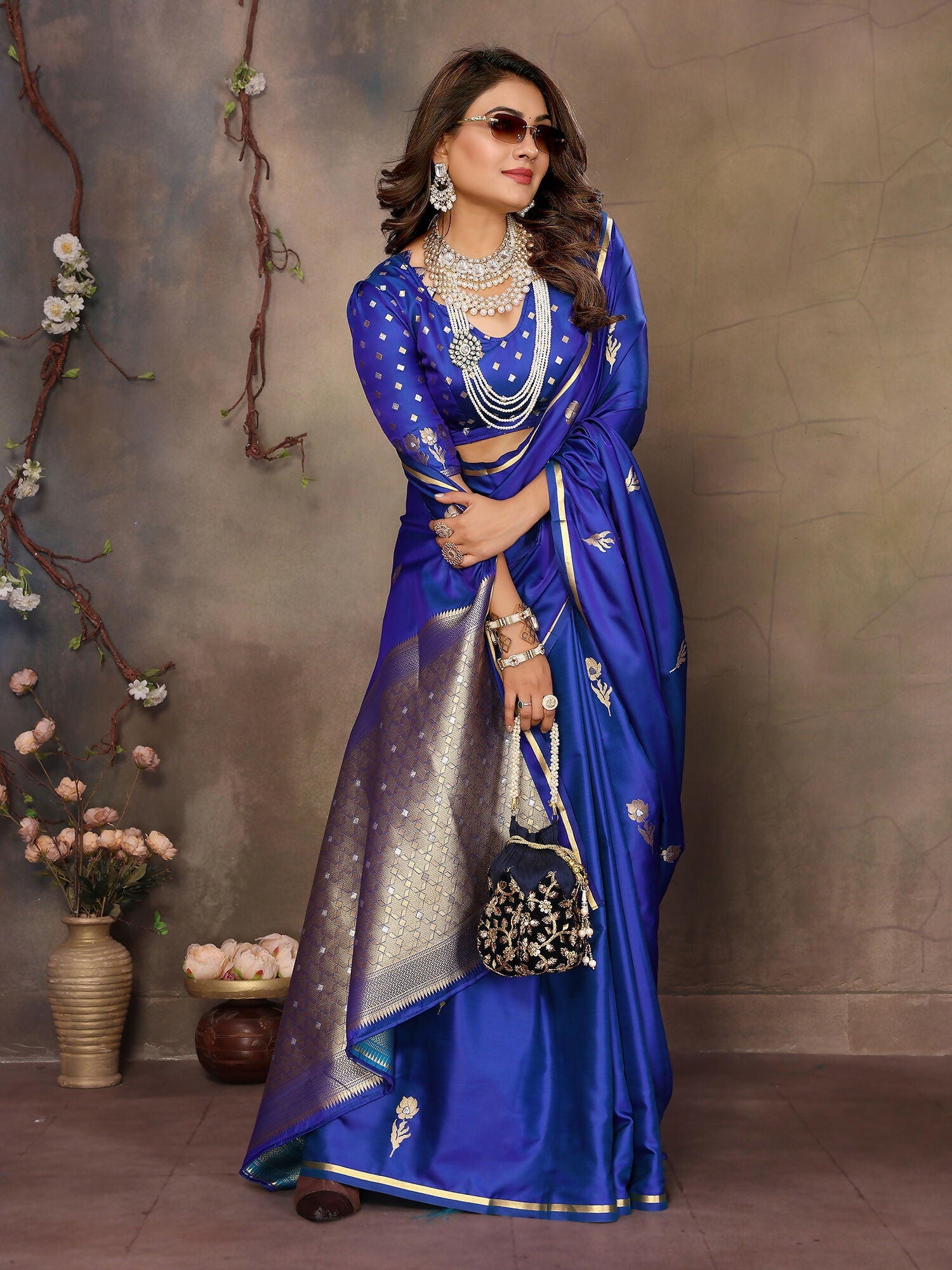 Joban Fashion Royal Blue Floral & Botanical Motifs Satin Silk Banarasi Silk Saree