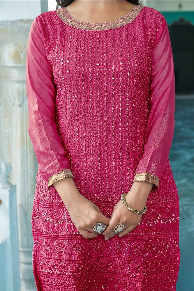 Teeya Creation Pink Colour Chinnon Silk Heavy Embroidery Work Fully Stitched Salwar Suit