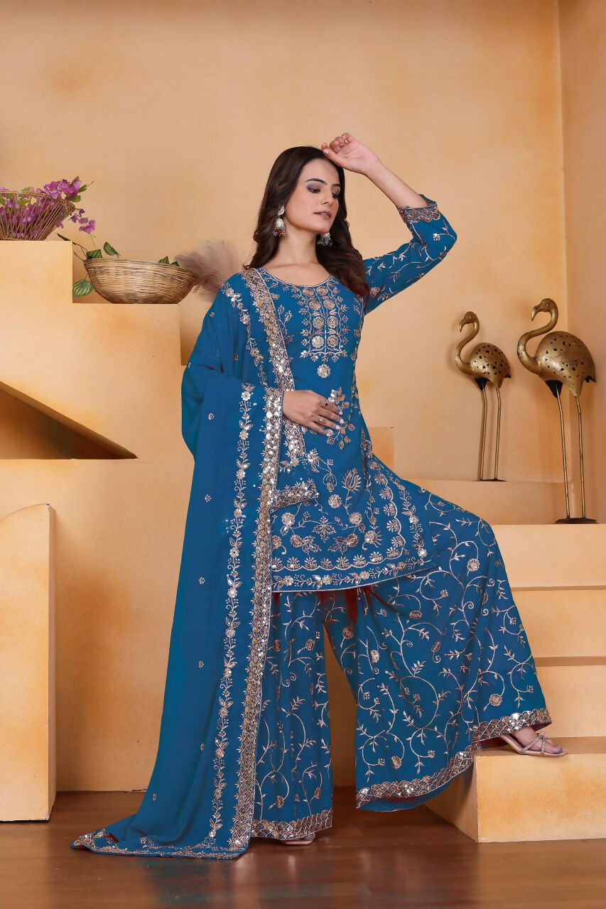 Teeya Creation Blue Color Faux Georgette Embroidery Work Wedding Wear Palazzo Set