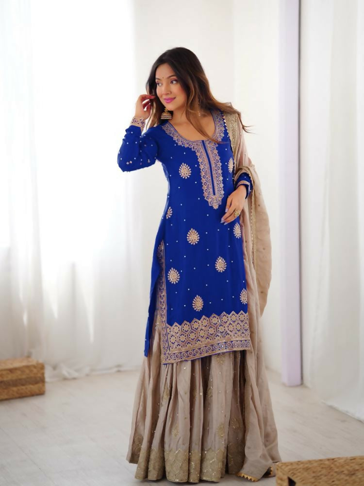 Lehenga Mart Designer Sharara Suit With Kurta, Sharara, Dupatta For Women-Blue