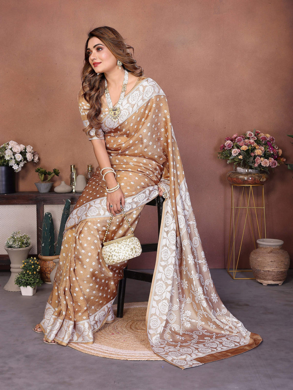 Aastha Fashion Light Brown Viscose Silk Handmade Original Bandhej Saree