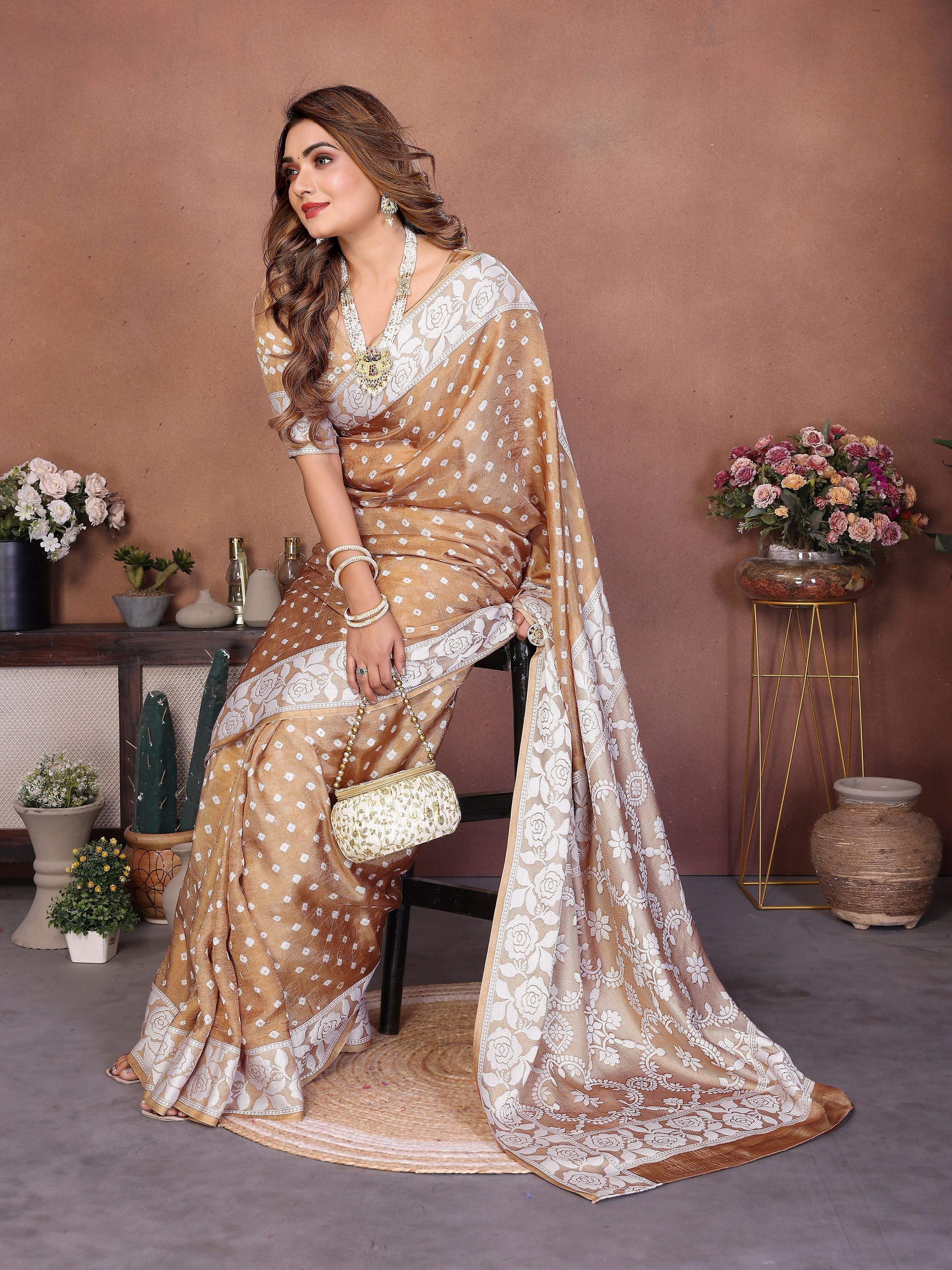 Aastha Fashion Light Brown Viscose Silk Handmade Original Bandhej Saree
