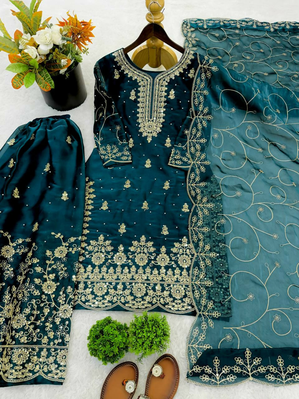 Teeya Creation Morpich Color Gymmi Silk Embroidery Work Wedding Wear Sharara Set