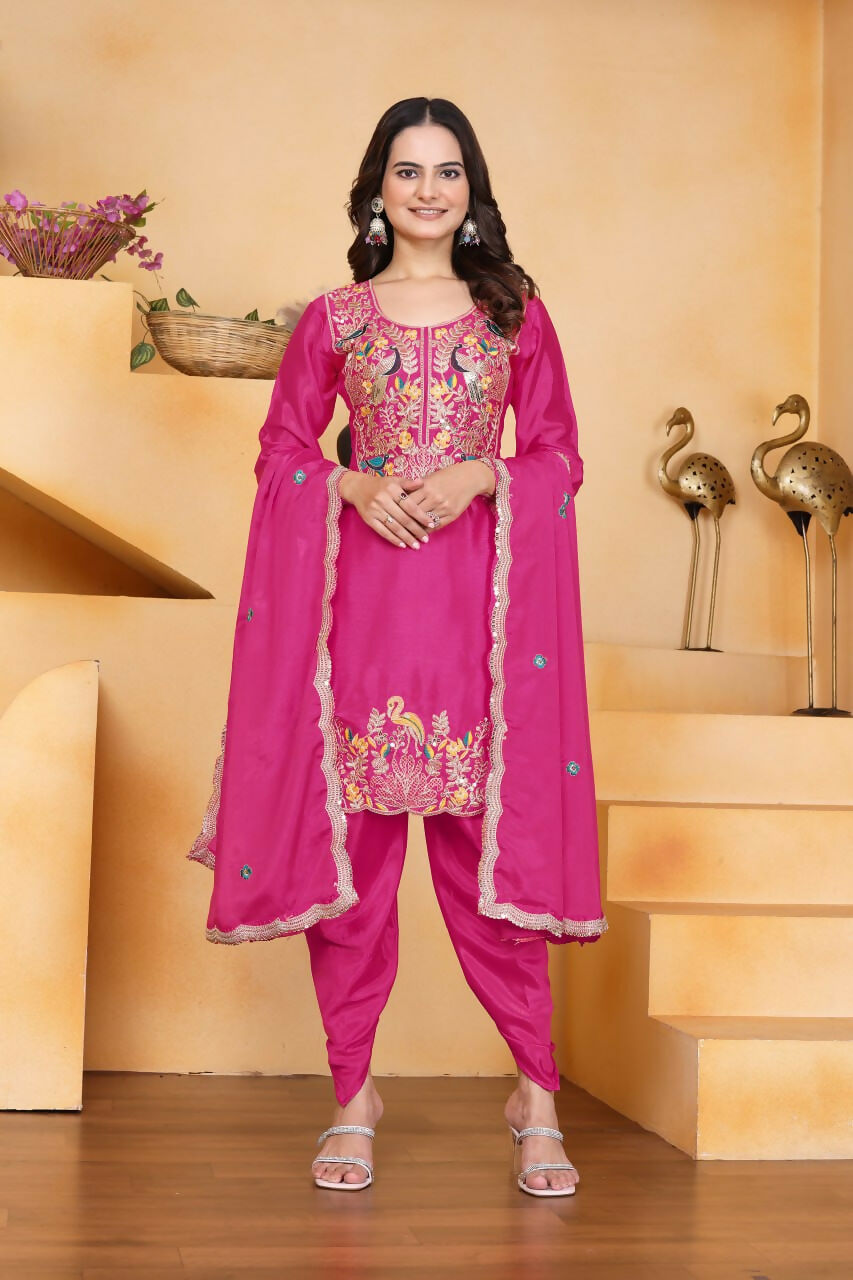 Teeya Creation Pink Color Chinon Silk Party Wear Punjabi Dhoti Suit