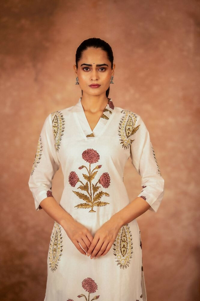 Joban Fashion Off White Red Floral Hand Block Printed Cotton Kurta Pant Set