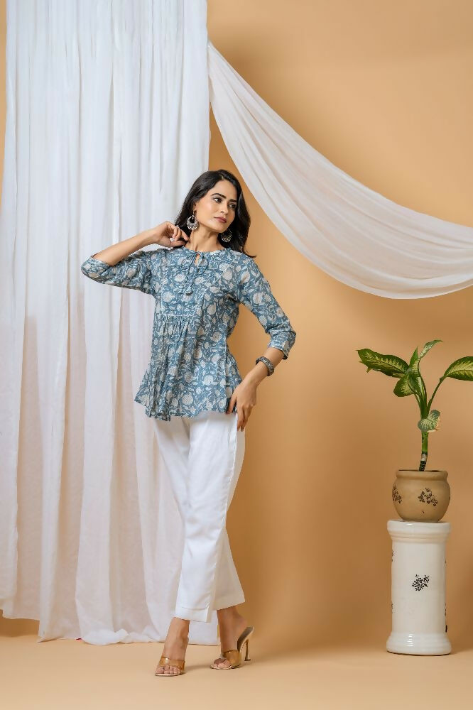 Joban Fashion Blue Floral Hand Block Printed Cotton Co-Ord Set