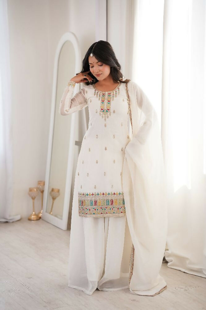 Teeya Creation White Color Soft Crunchy Silk Party Wear Designer Sharara set