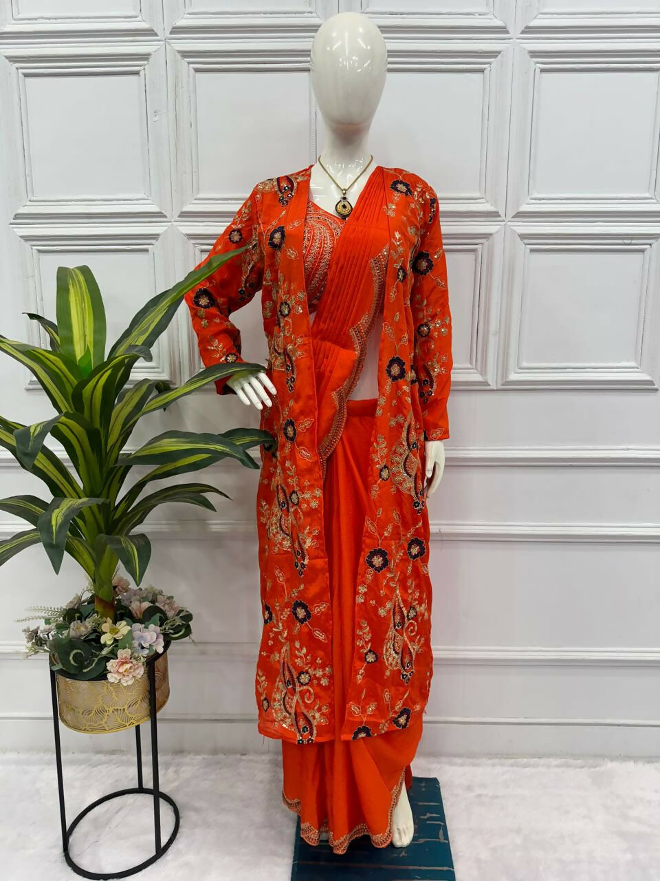 Teeya Creation Orange Color Chinon Silk Designer Embroidery Work Ready To Wear Saree With Koti