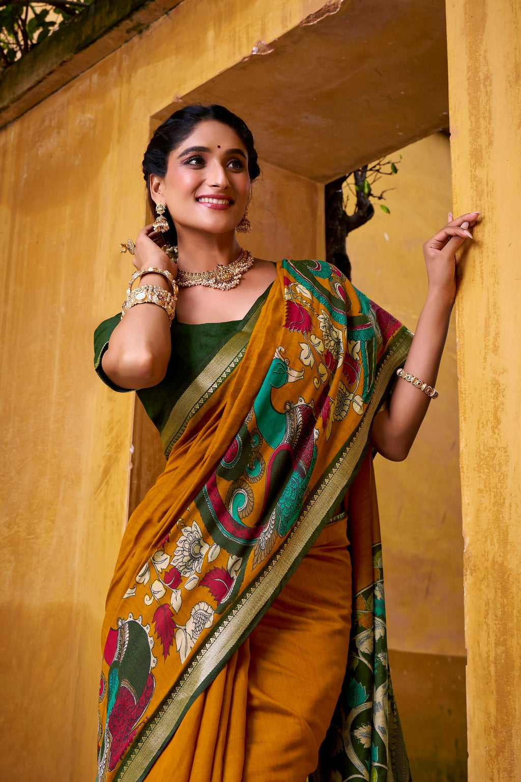 Vastranavya Mustard Viscose Chanderi Kalamkari Print with Zari Working Saree & Unstitched Blouse