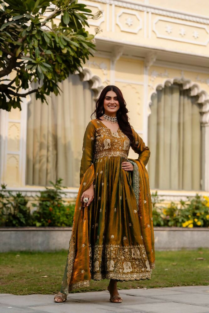 Teeya Creation Mehendi Primium Fendy Satin Silk Embroidery Work Wedding Wear Gown