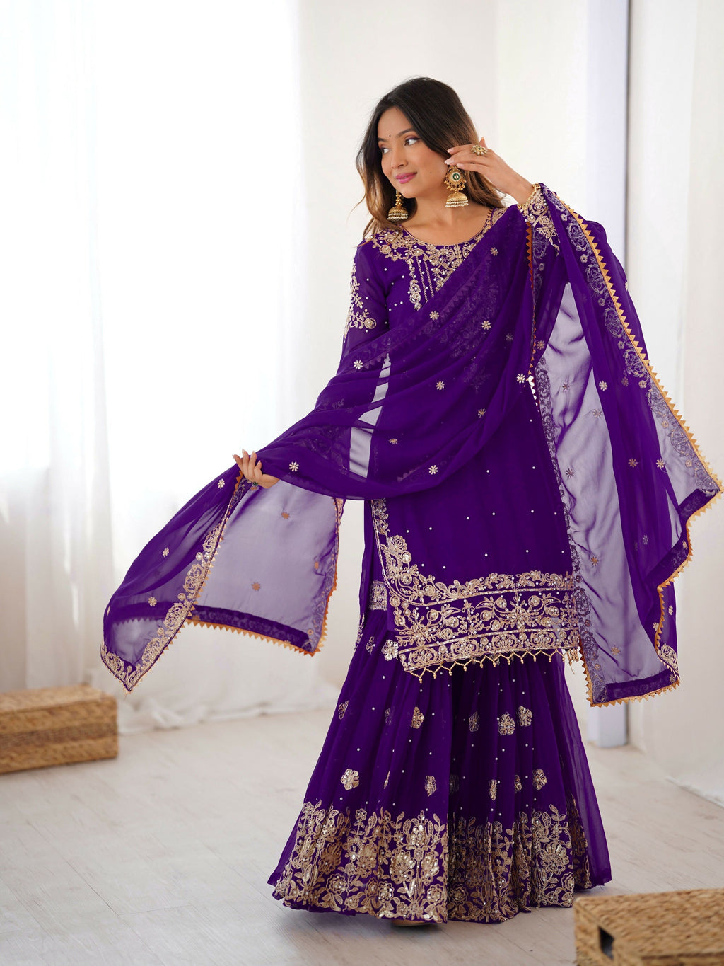 Lehenga Mart Designer Sharara Suit With Kurta, Sharara, Dupatta For Women-Purple