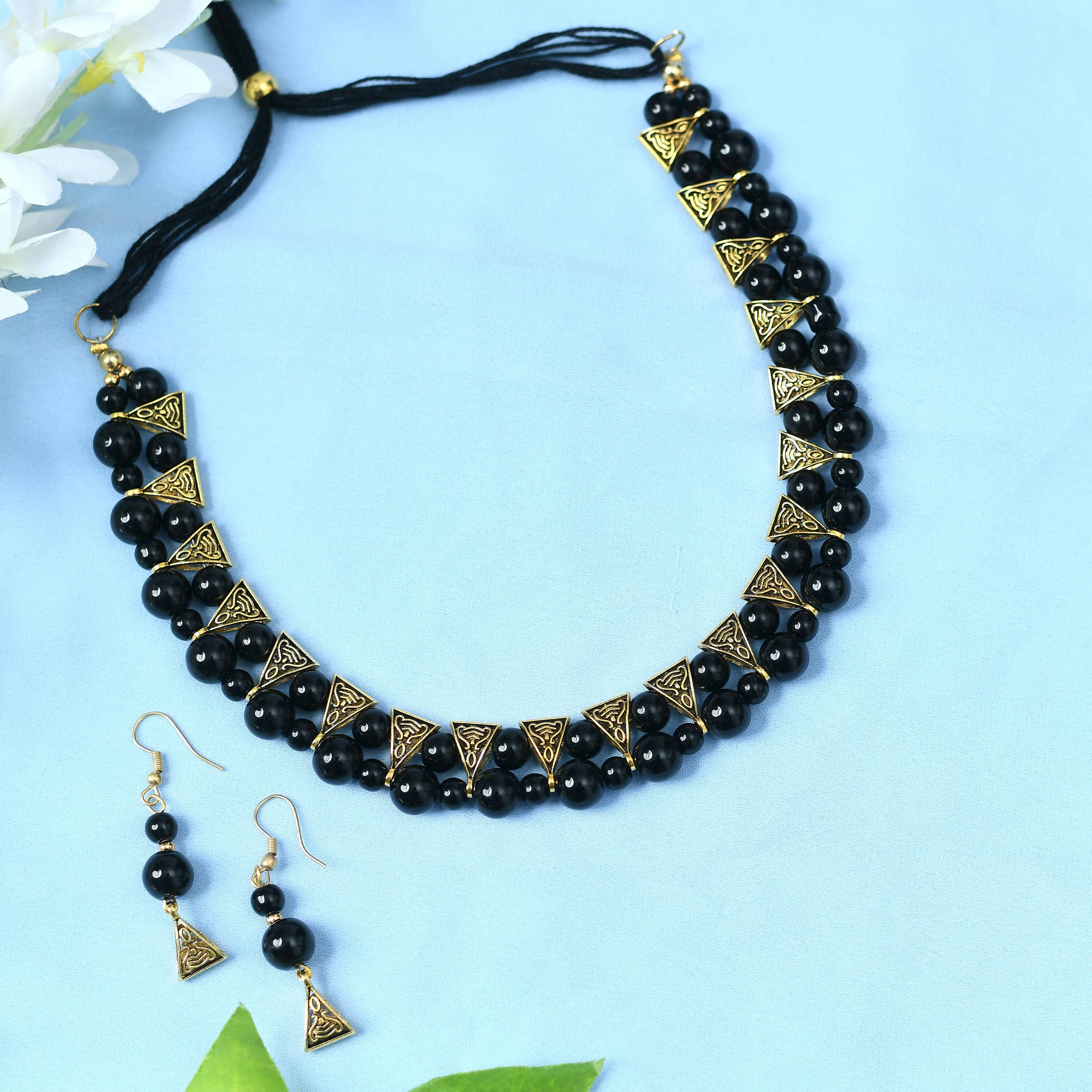 Mominos Fashion Johar Kamal Gold-Polished Brass Finish Pearls Work Choker For Women (Black)