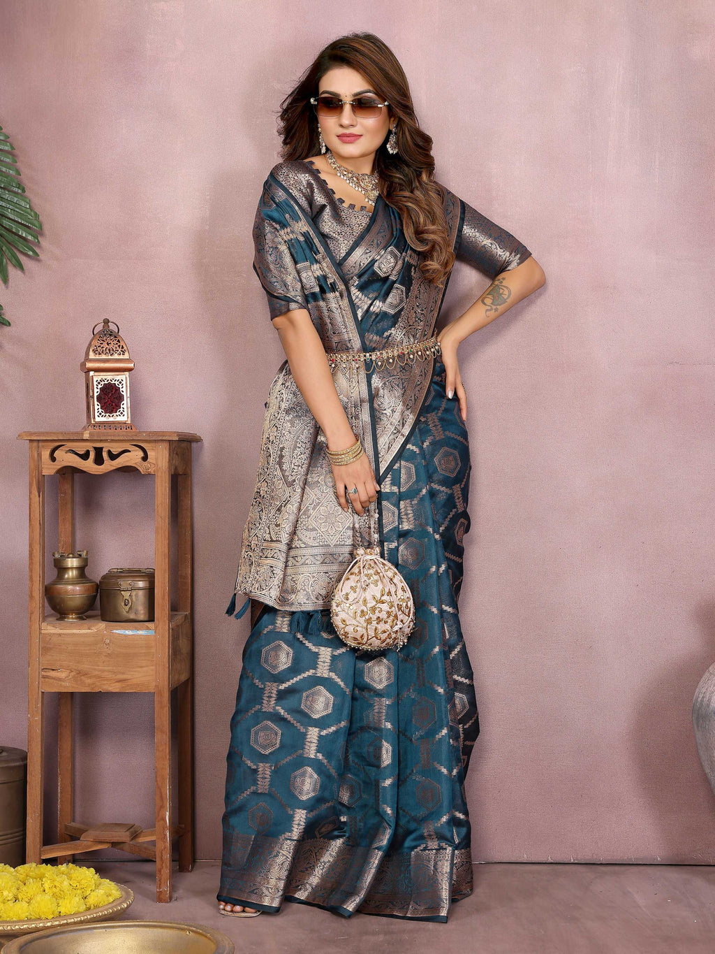 Aastha Fashion Teal Soft Organza Silk Weaving Saree