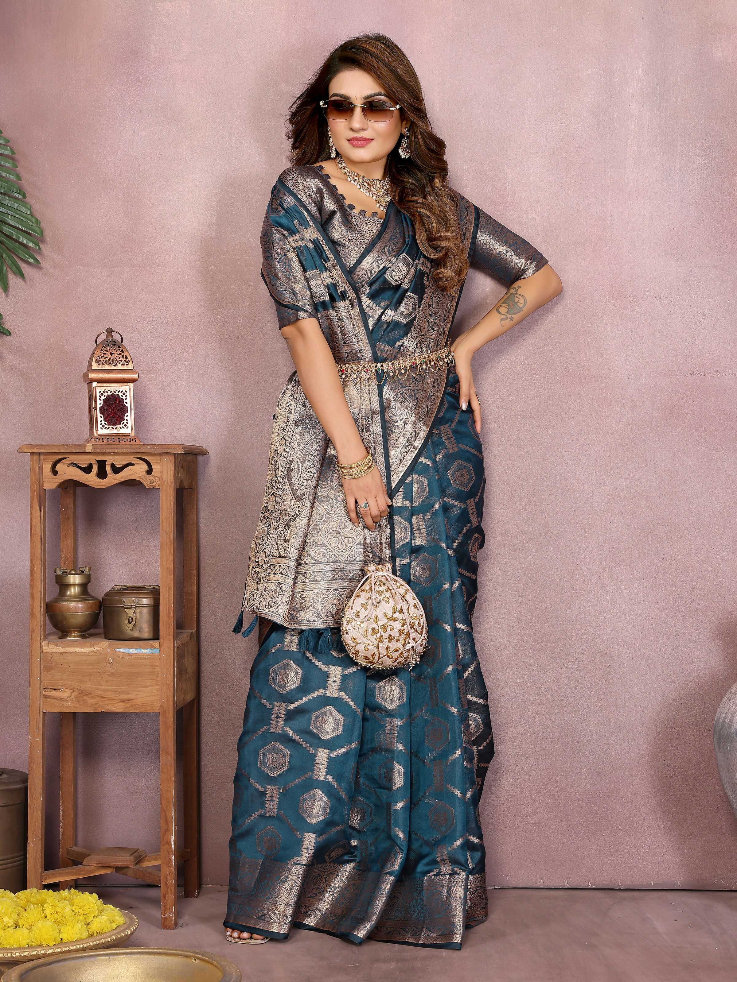 Aastha Fashion Teal Soft Organza Silk Weaving Saree