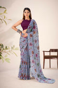Vastranavya Grey Lurex Brasso Floral Printed Saree with Unstitched Blouse