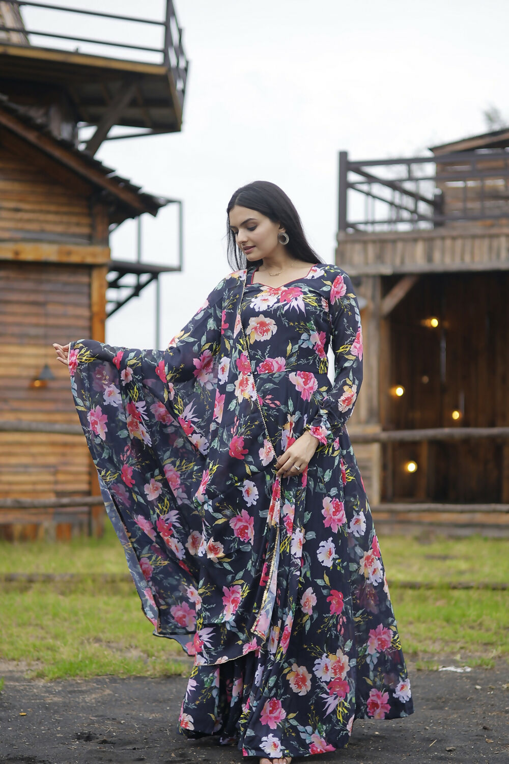 Aayaa Designer Printed Georgette Full Flare Gown With Dupatta - Multi Color