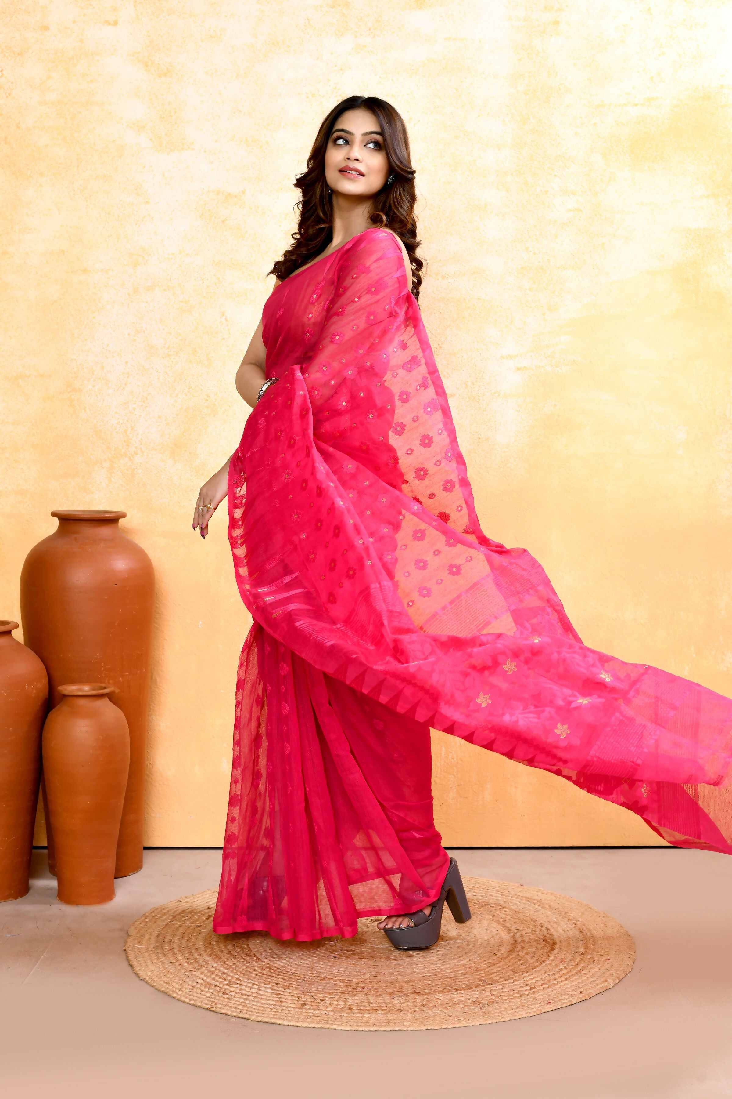 Piyari Fashion Women's Rani Pink Embellished Cotton Blend Jamdani Saree