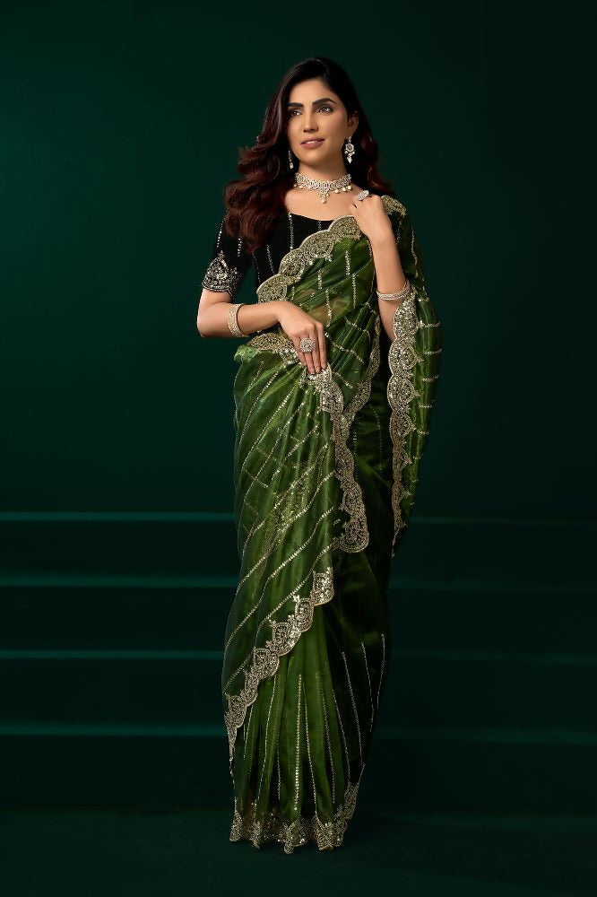 Joban Fashion Green Net Party Wear Sarees