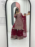 Teeya Creation Womens New Heavy Fox Georgette Fabric With Heavy Embroidery Work Red Kurta Set