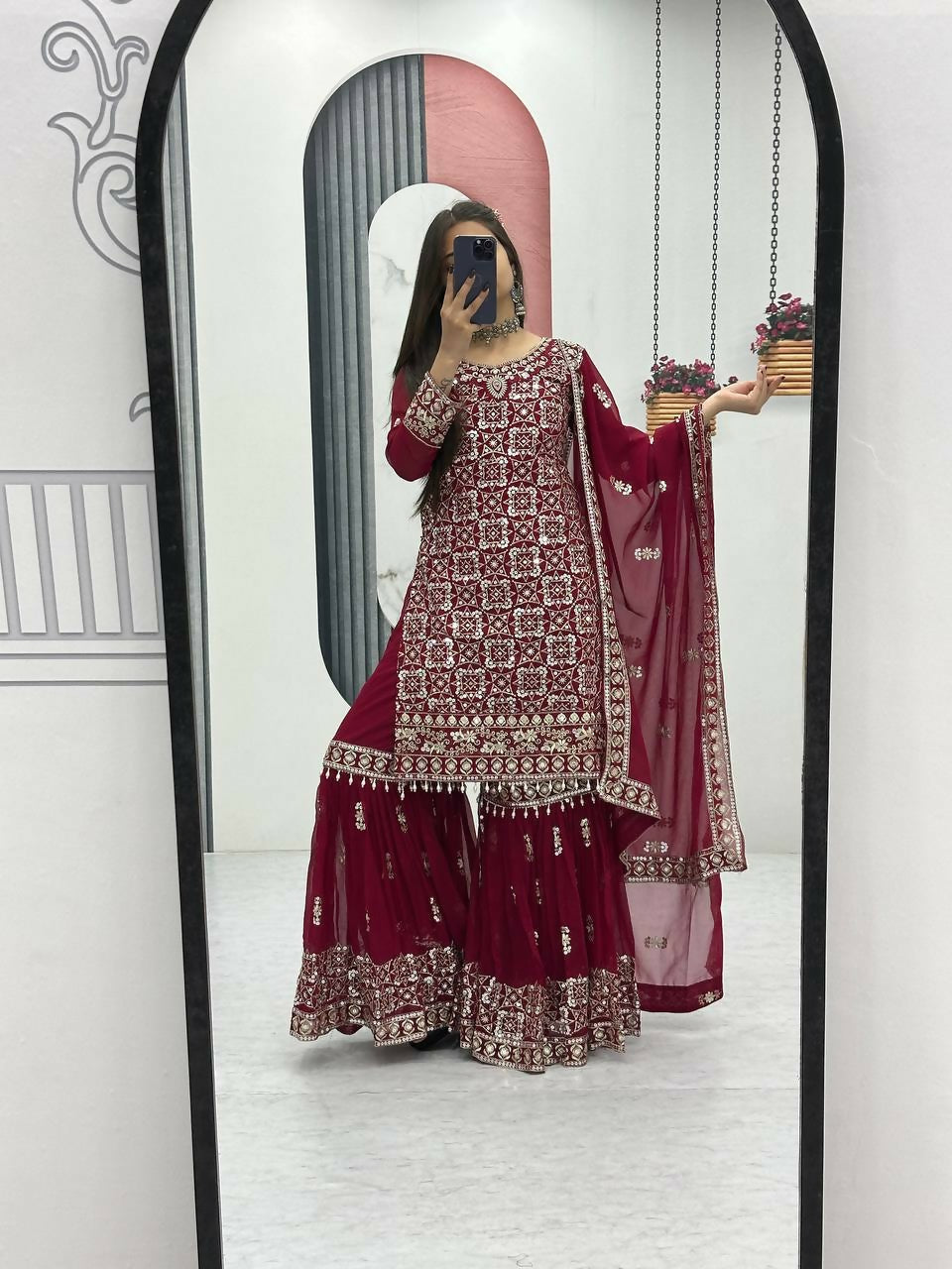 Teeya Creation Womens New Heavy Fox Georgette Fabric With Heavy Embroidery Work Red Kurta Set