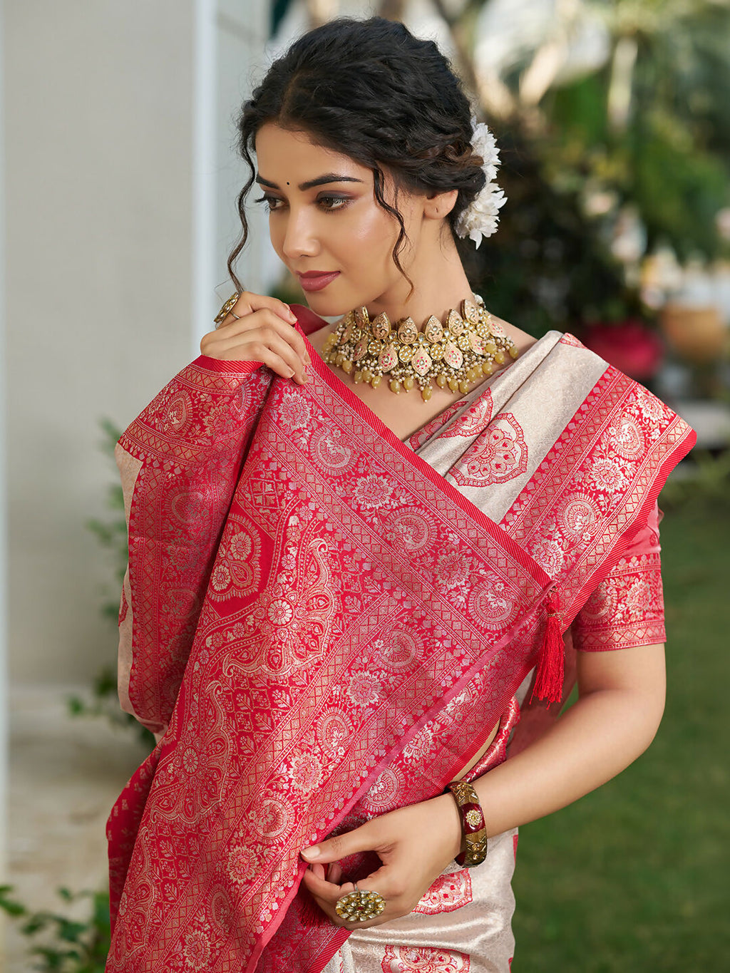 Shree Shyam Fashion Cream With Red Silk Blend Saree