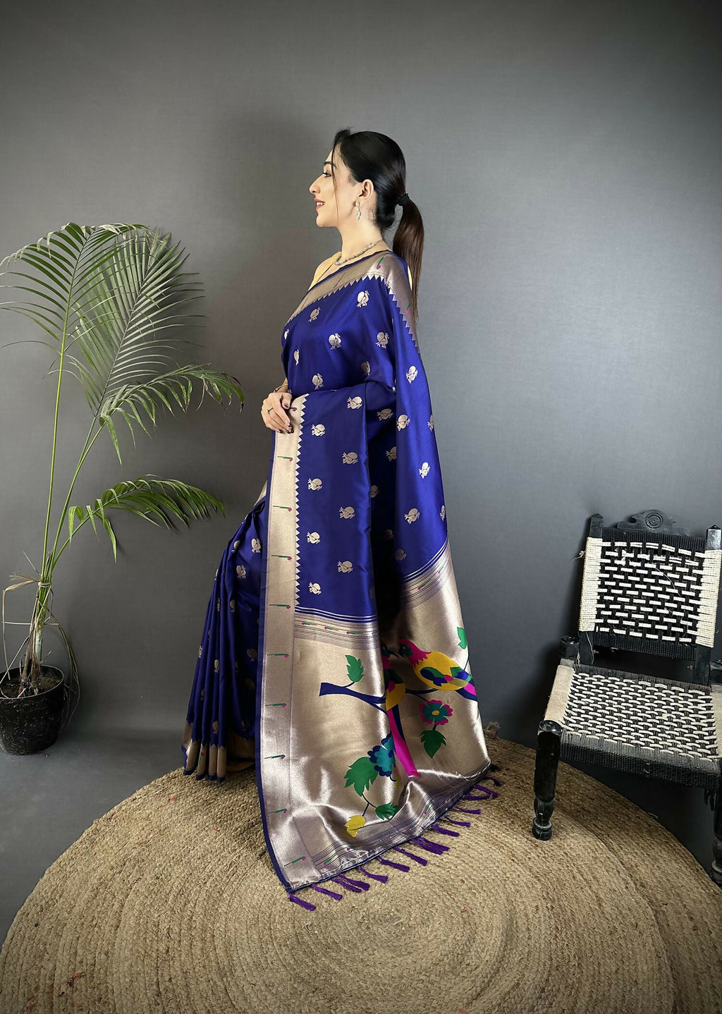 Joban Fashion Royal Blue Peacock & Floral Motifs Soft Silk Kanchipuram Saree