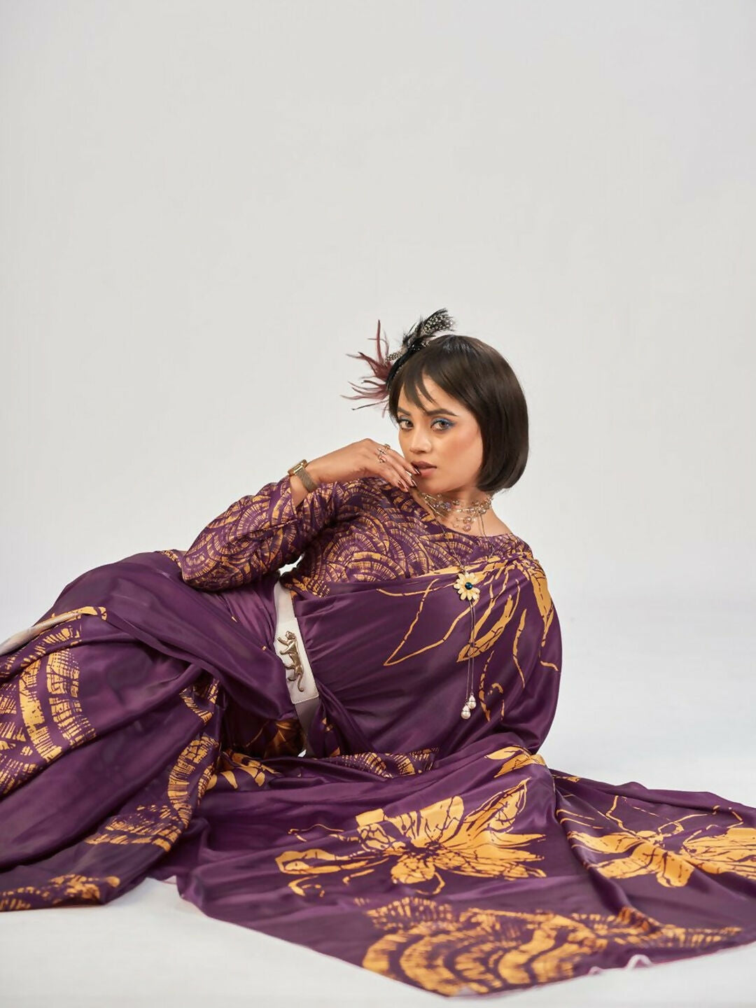 Vastranavya Wine Satin Silk Elegant Printed Saree with Unstitched Blouse