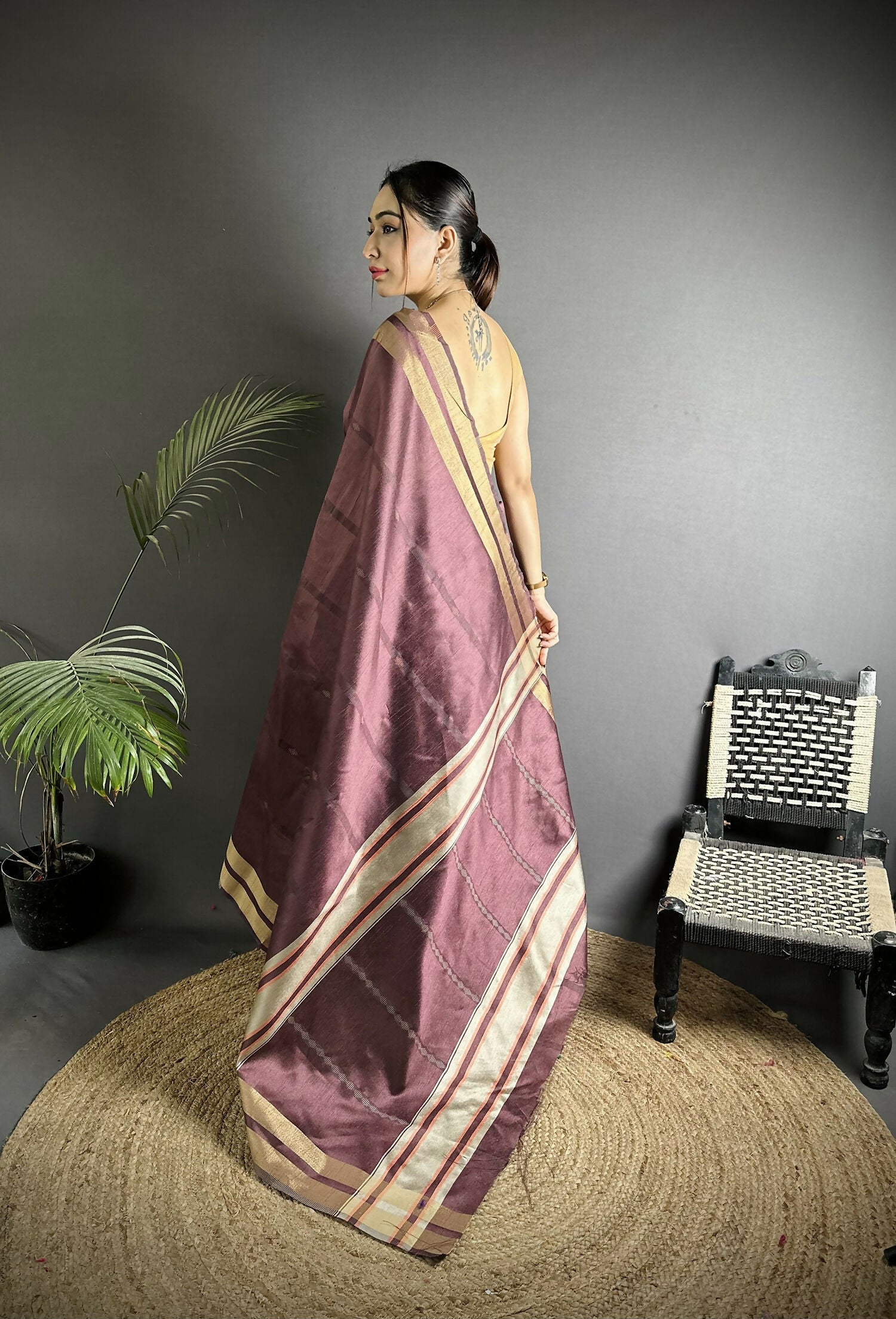 Joban Fashion Wine Woven Pattern Raw Silk Kanjivaram Silk Saree