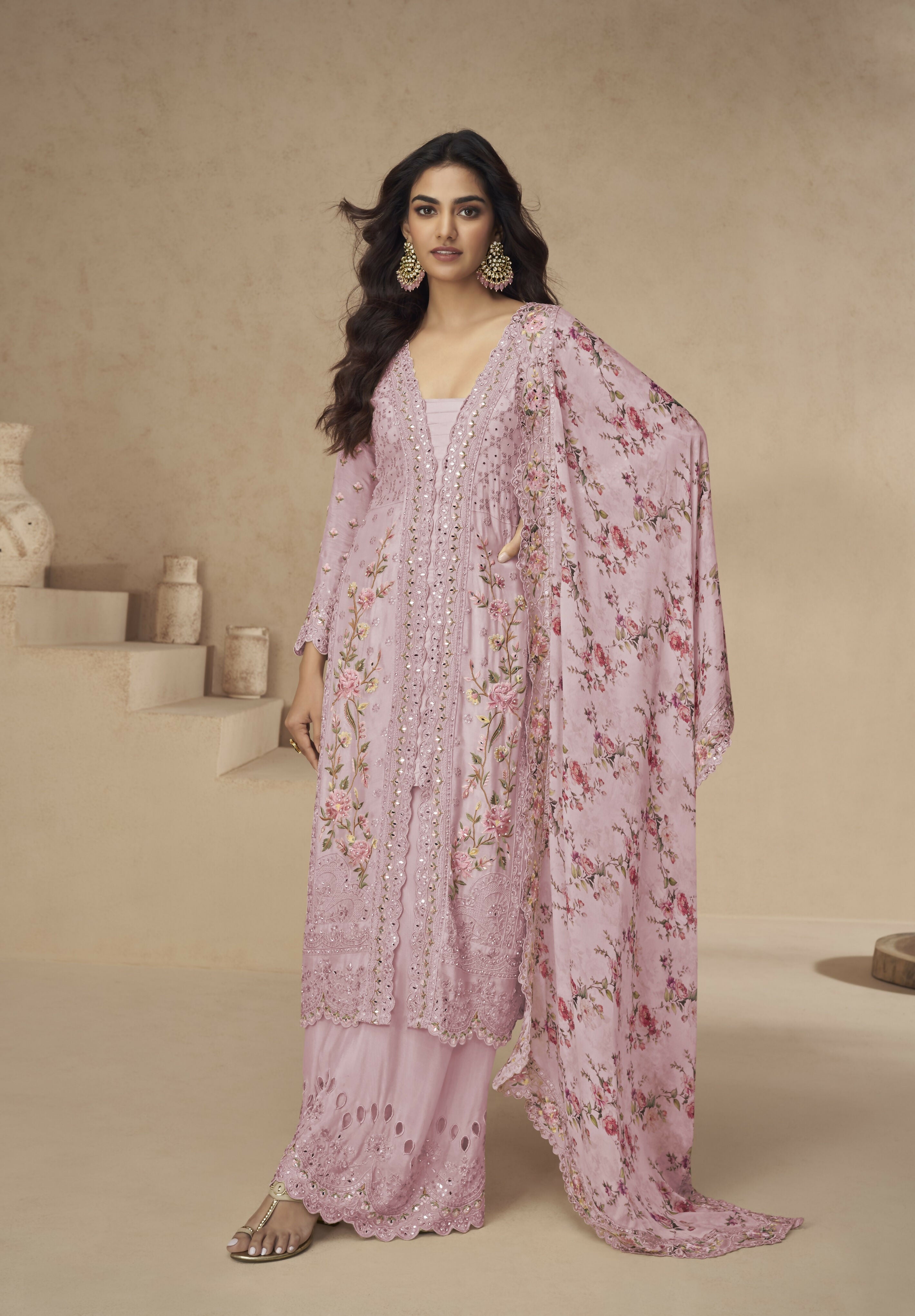 Anaita Rani-Pink Chinon Readymade Suit with Embroidery Sequence Work