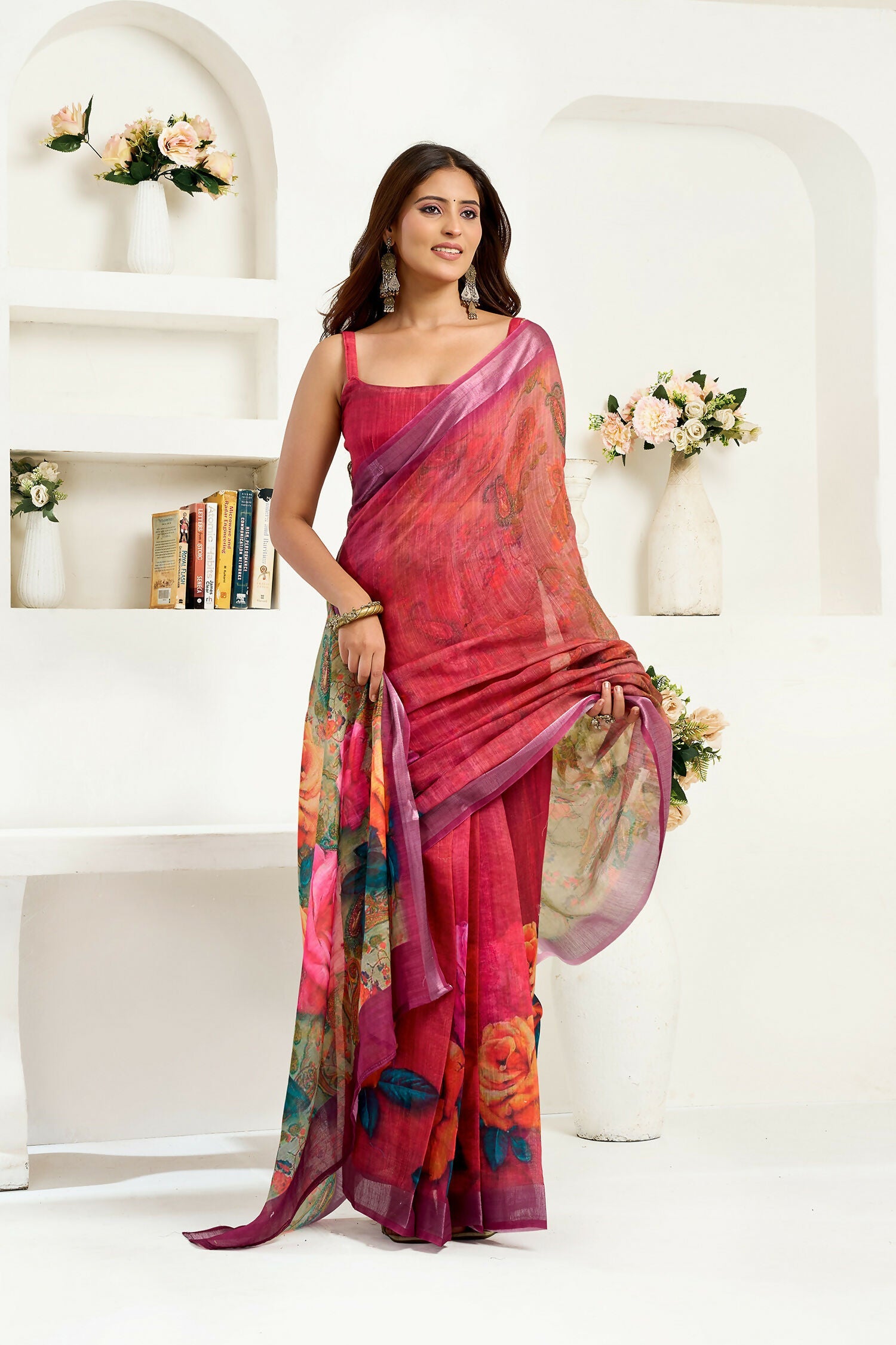Joban Fashion  Onion Pink Floral Linen Ready To Wear Saree With Unstitched Blouse