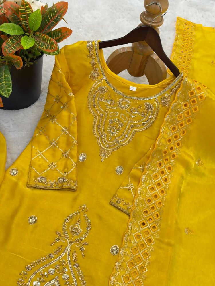 Teeya Creation Yellow Color Gimmychu Silk Embroidery Work Wedding Wear Salwar Suit