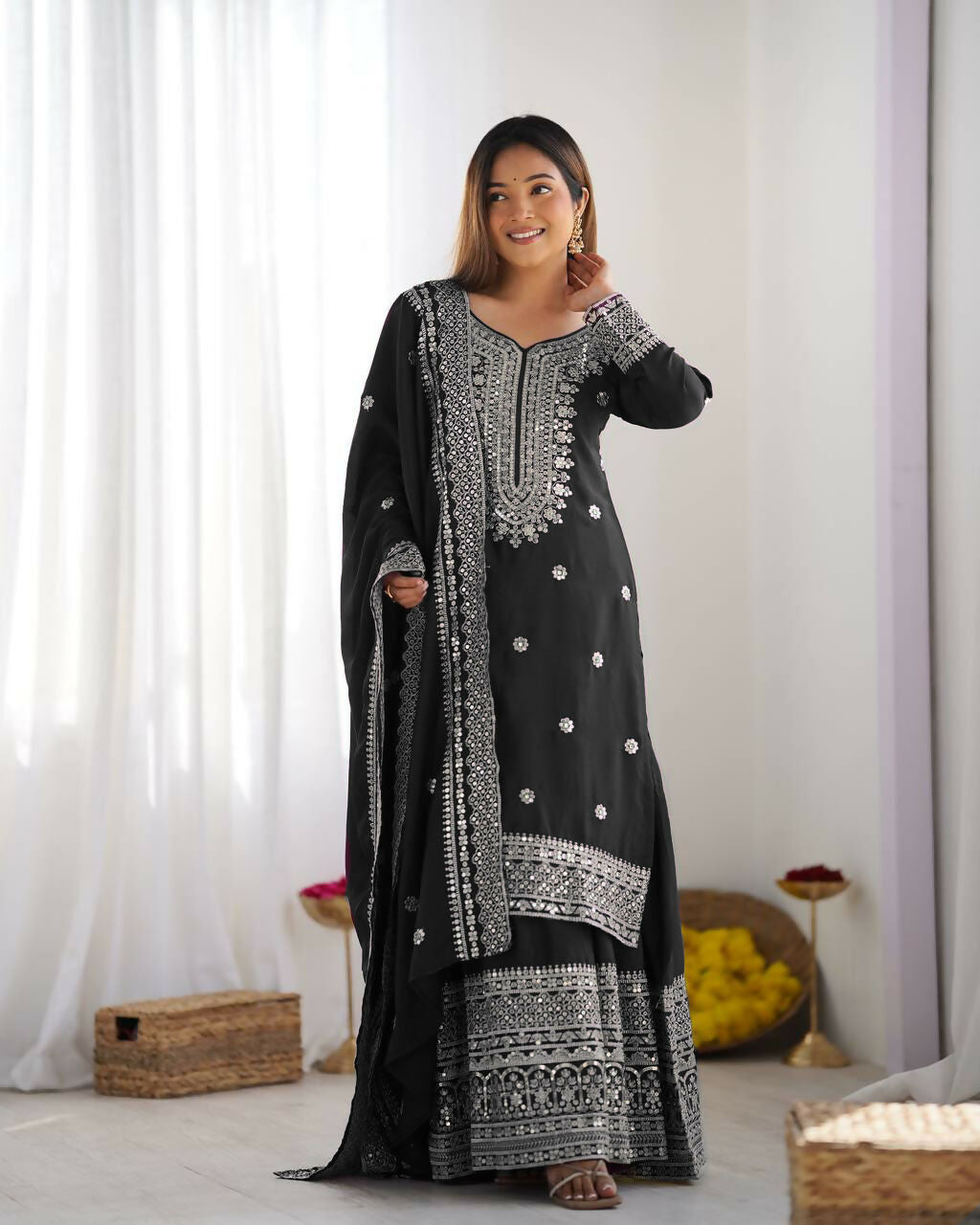 Joban Fashion Black Kurta Set Silk Sequins , Zari, Coding & Thread Embroidered work