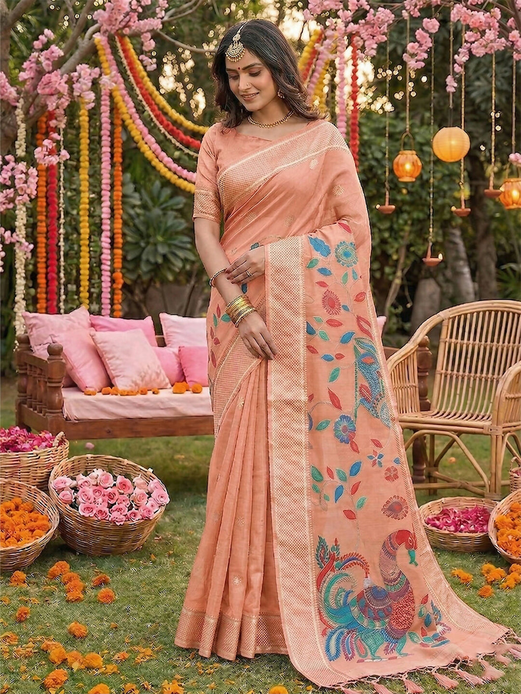 Shree Shyam Fashion Peach Linen Cotton Saree